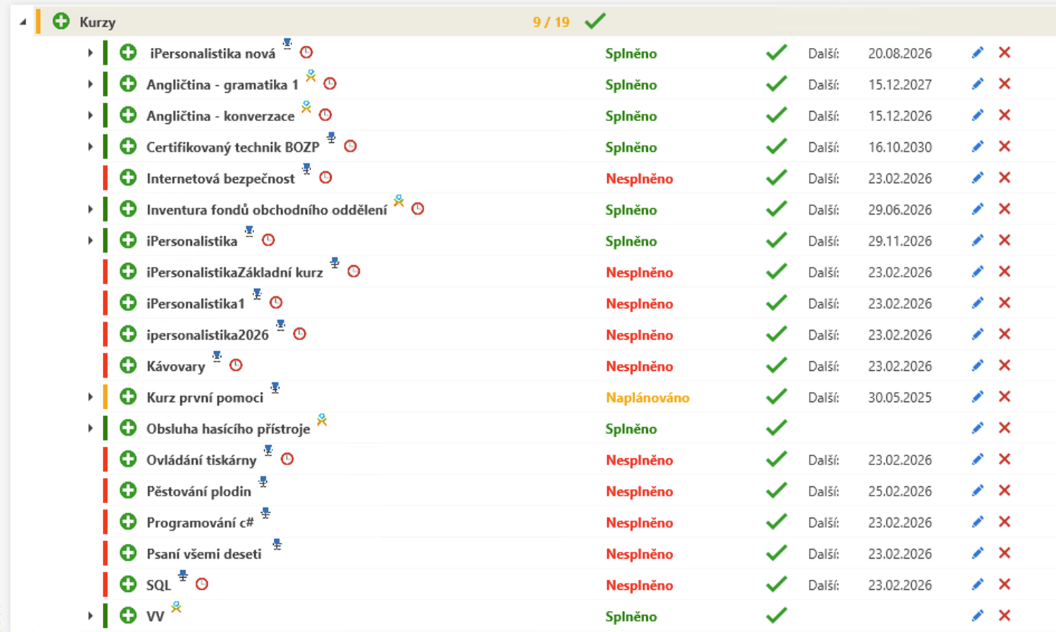 Evidence kurzů a kvalifikací zaměstnance se stavy Splněno/Nesplněno a termíny v systému iPersonalistika